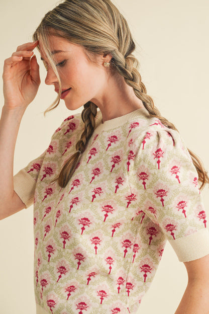 Floral Pattern Short Sleeve Sweater - Cream Rose Multi