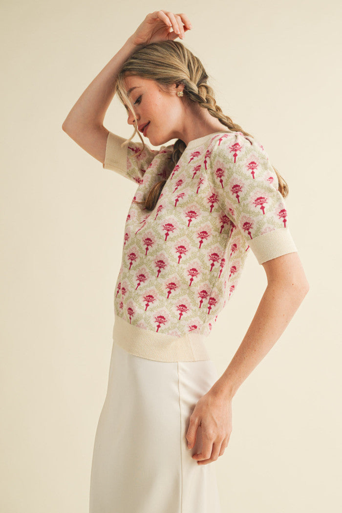 Floral Pattern Short Sleeve Sweater - Cream Rose Multi