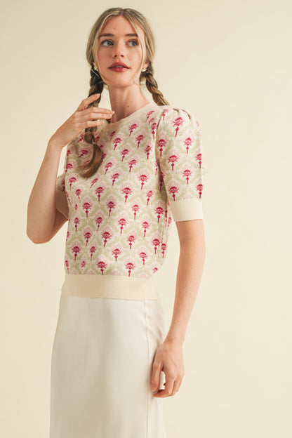 Floral Pattern Short Sleeve Sweater - Cream Rose Multi