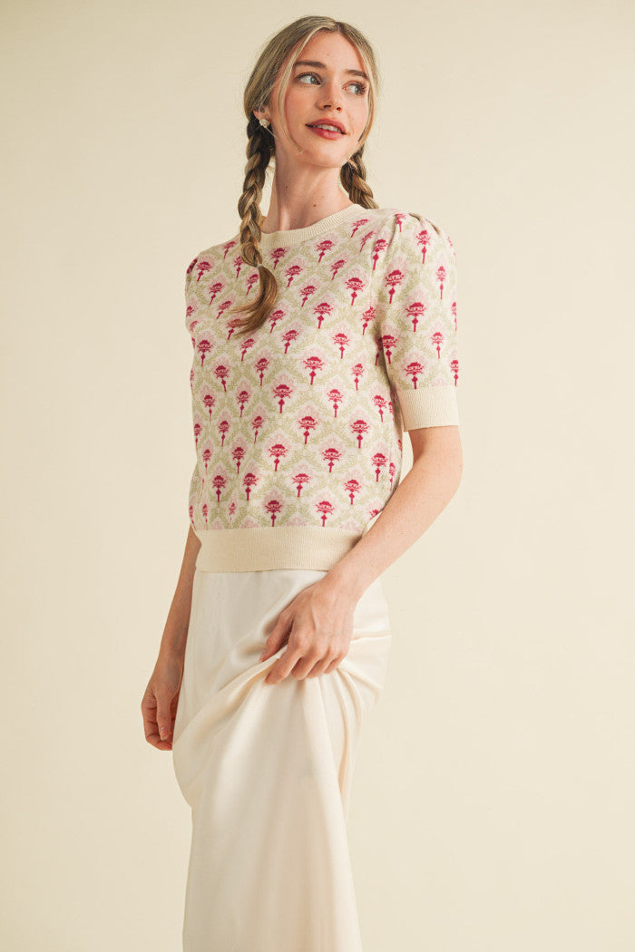 Floral Pattern Short Sleeve Sweater - Cream Rose Multi