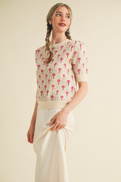 Floral Pattern Short Sleeve Sweater - Cream Rose Multi