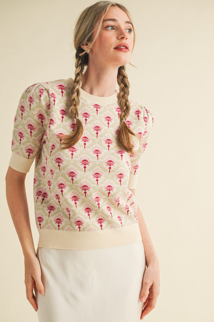 Floral Pattern Short Sleeve Sweater - Cream Rose Multi