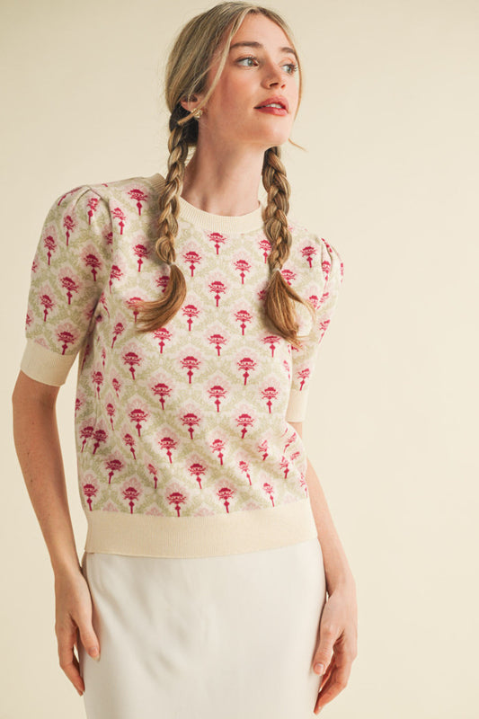 Floral Pattern Short Sleeve Sweater - Cream Rose Multi