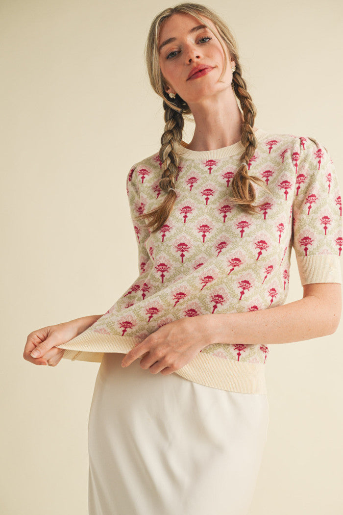 Floral Pattern Short Sleeve Sweater - Cream Rose Multi