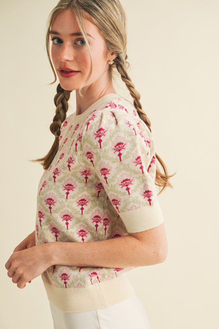 Floral Pattern Short Sleeve Sweater - Cream Rose Multi