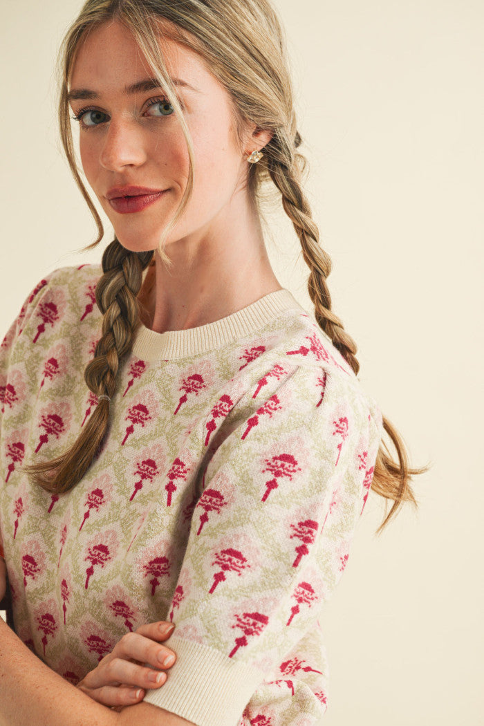 Floral Pattern Short Sleeve Sweater - Cream Rose Multi