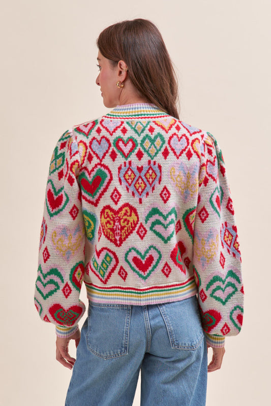 Heart Pattern Pullover Sweater - Ivory Red Multi