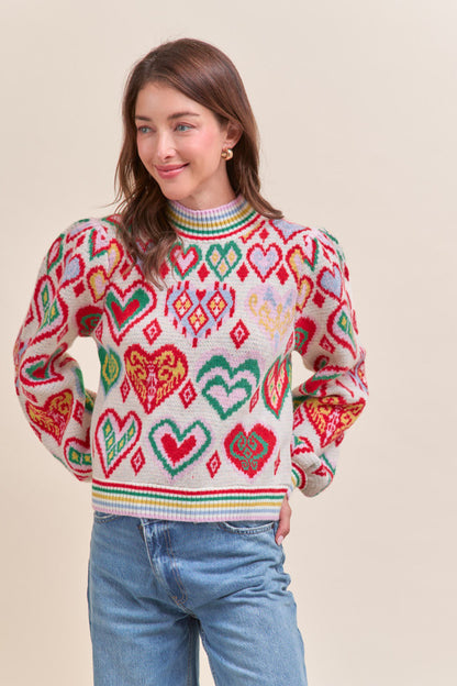 Heart Pattern Pullover Sweater - Ivory Red Multi