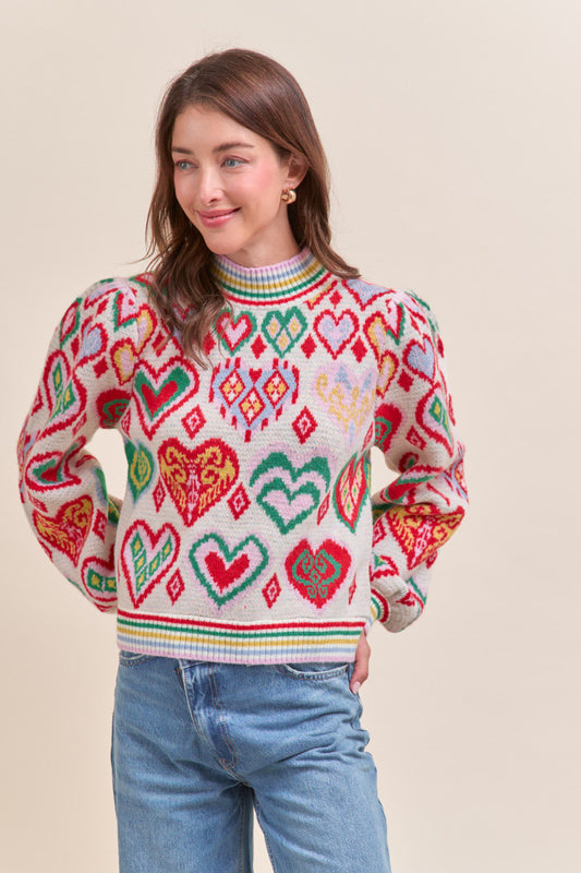 Heart Pattern Pullover Sweater - Ivory Red Multi