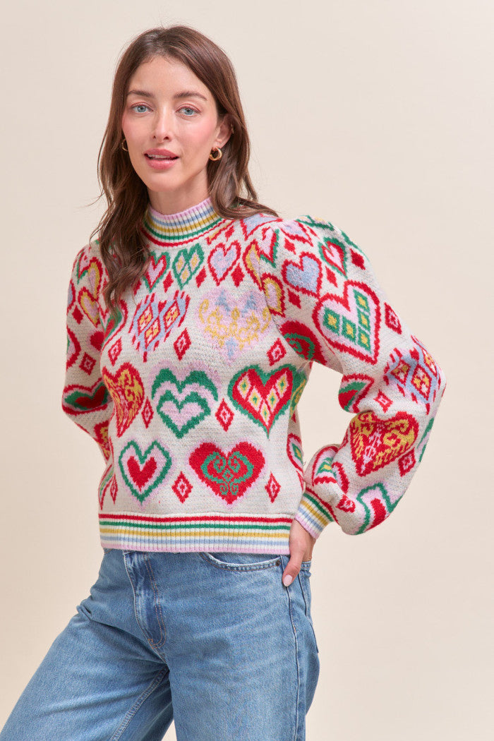 Heart Pattern Pullover Sweater - Ivory Red Multi