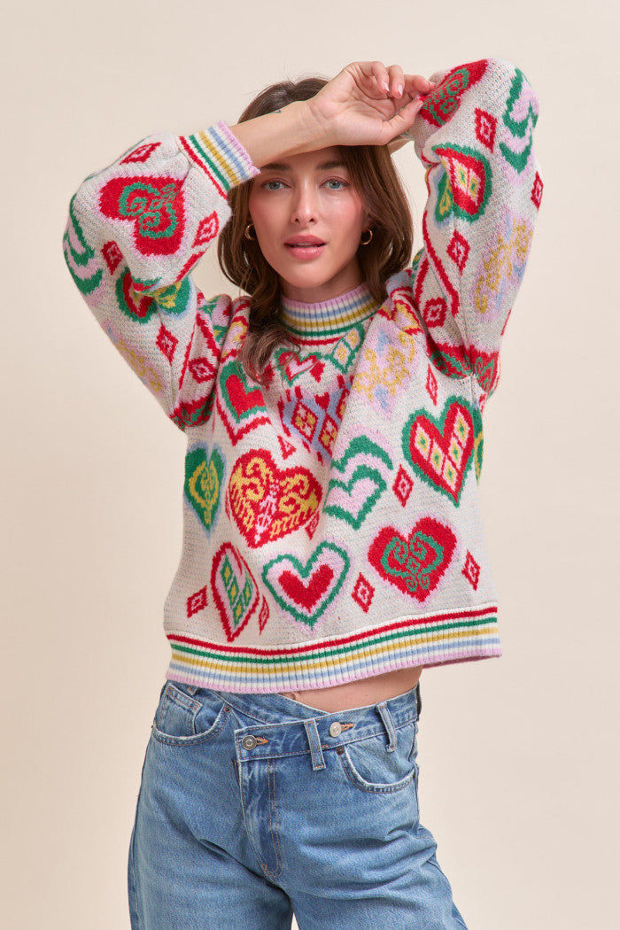 Heart Pattern Pullover Sweater - Ivory Red Multi