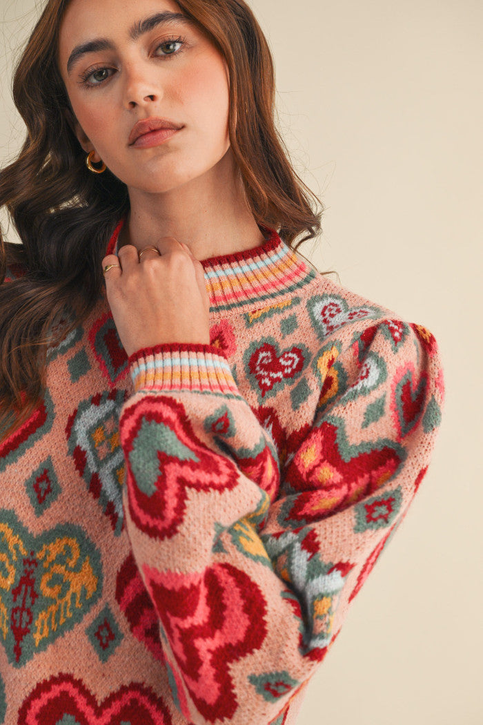 Heart Pattern Pullover Sweater - Pink Multi