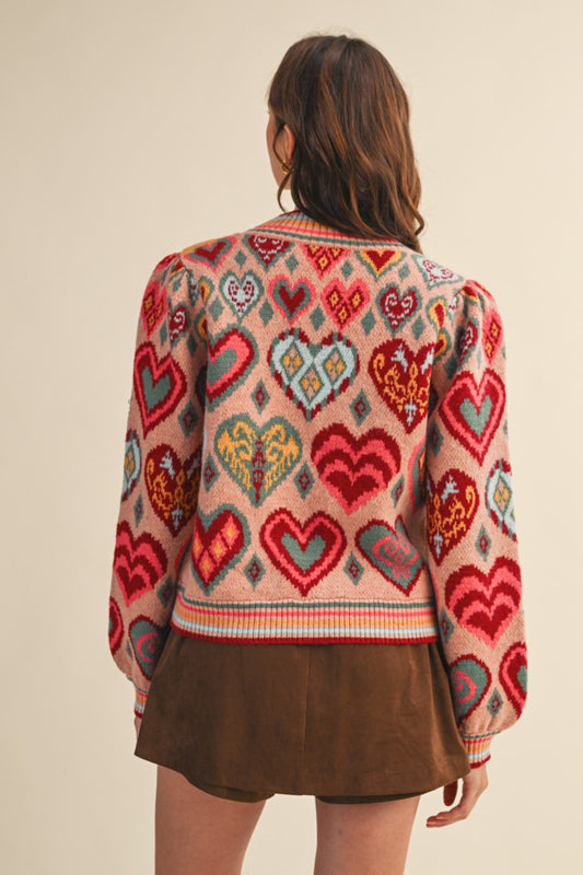 Heart Pattern Pullover Sweater - Pink Multi