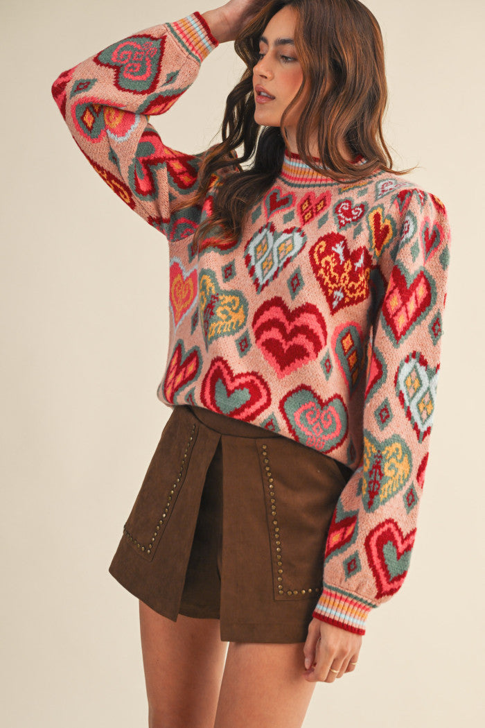 Heart Pattern Pullover Sweater - Pink Multi