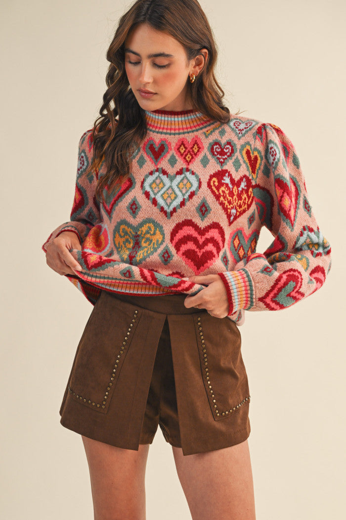 Heart Pattern Pullover Sweater - Pink Multi