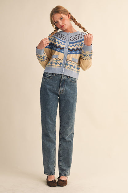 Fair Isle Sweater Cardigan - Blue Brown