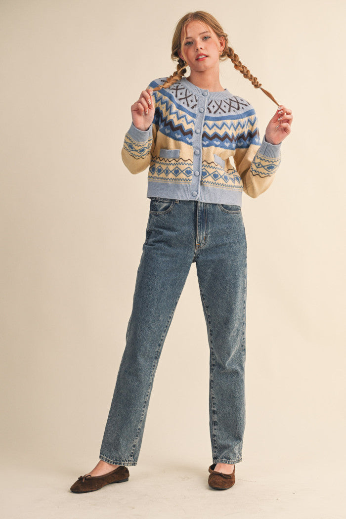 Fair Isle Sweater Cardigan - Blue Brown