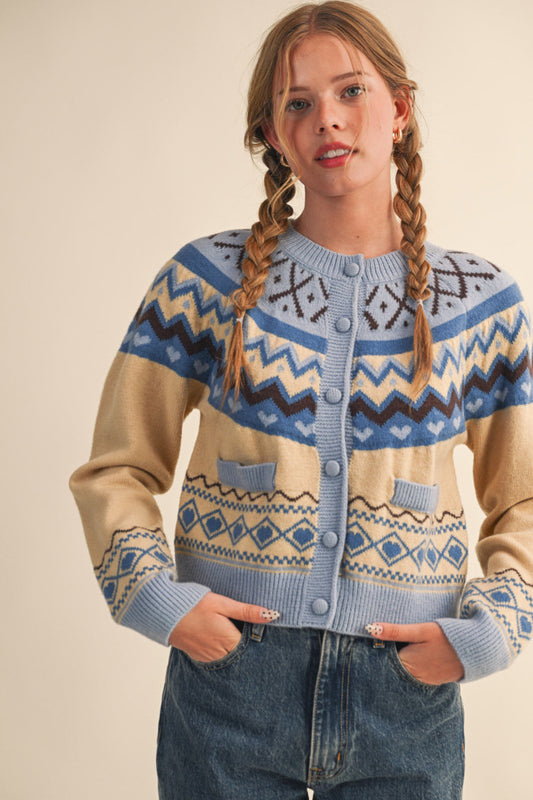 Fair Isle Sweater Cardigan - Blue Brown