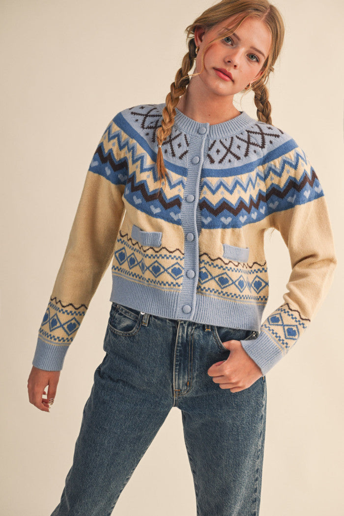 Fair Isle Sweater Cardigan - Blue Brown