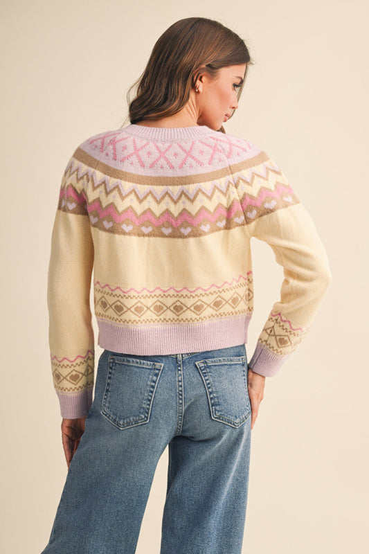 Fair Isle Sweater Cardigan - Light Pink