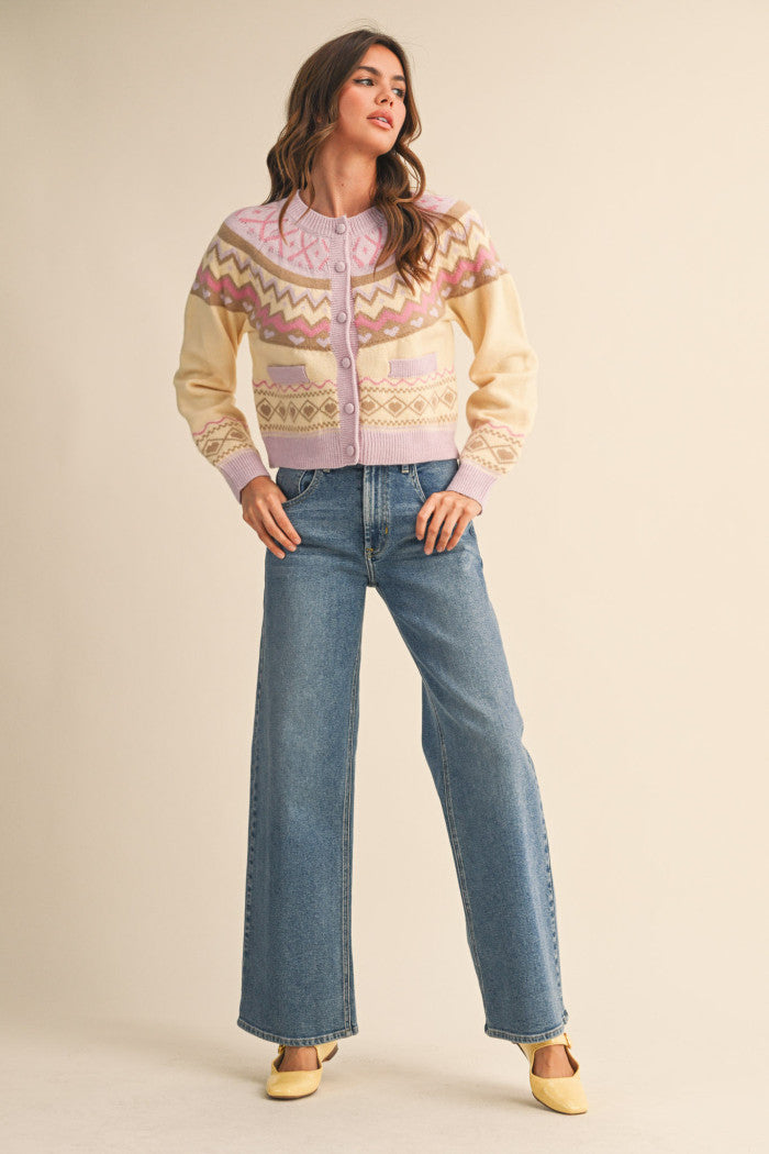 Fair Isle Sweater Cardigan - Light Pink