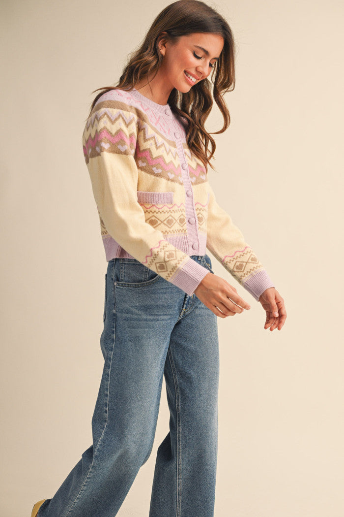 Fair Isle Sweater Cardigan - Light Pink