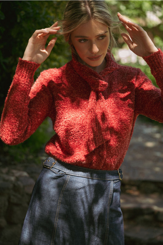 Tying Neck Sweater Cardigan - Burgundy
