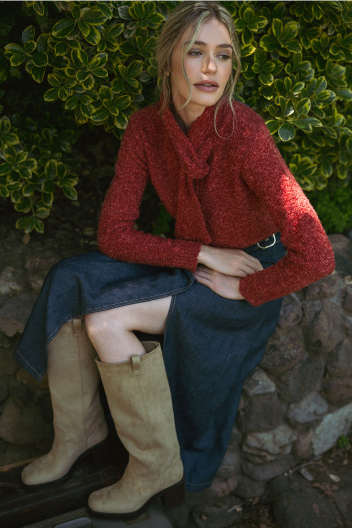 Tying Neck Sweater Cardigan - Burgundy