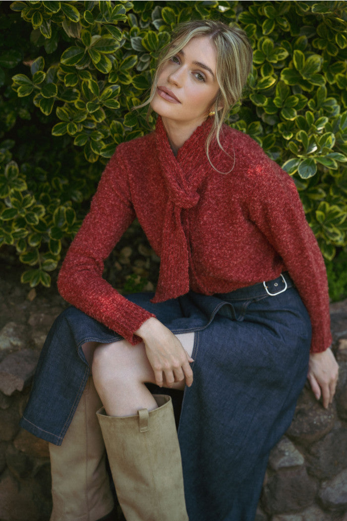 Tying Neck Sweater Cardigan - Burgundy