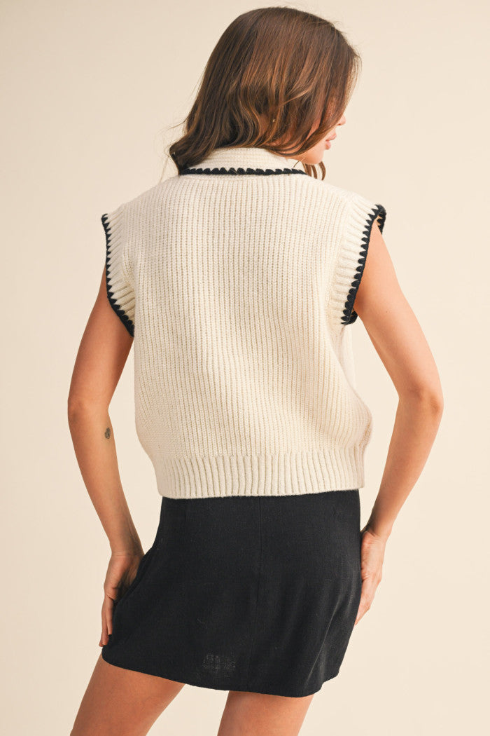 Tie Neck Sweater Vest - Ivory Black