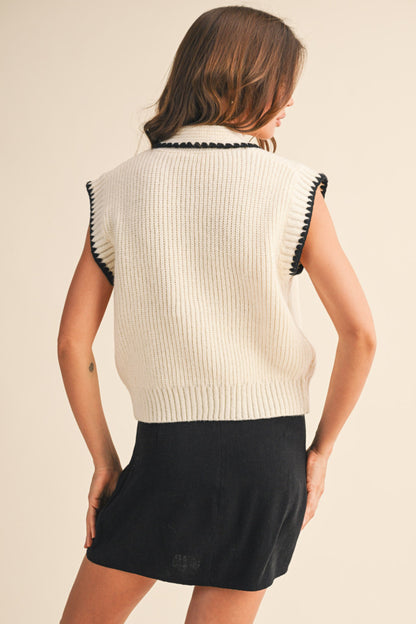 Tie Neck Sweater Vest - Ivory Black