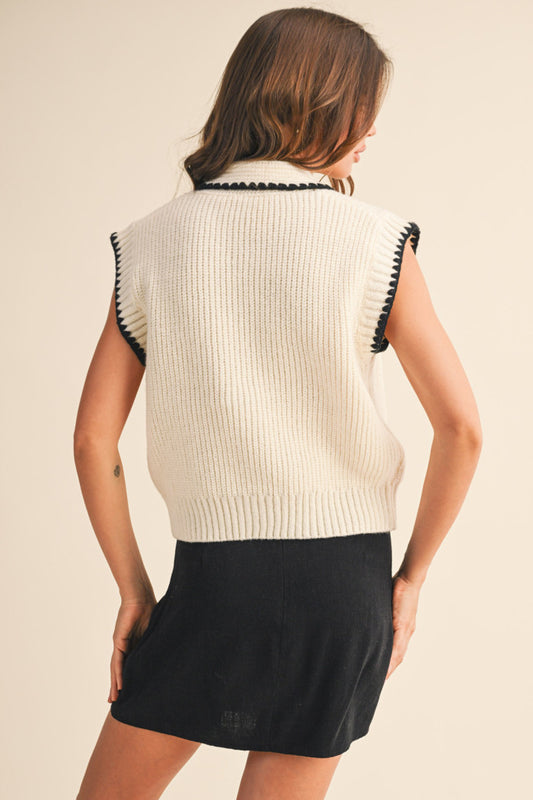 Tie Neck Sweater Vest - Ivory Black