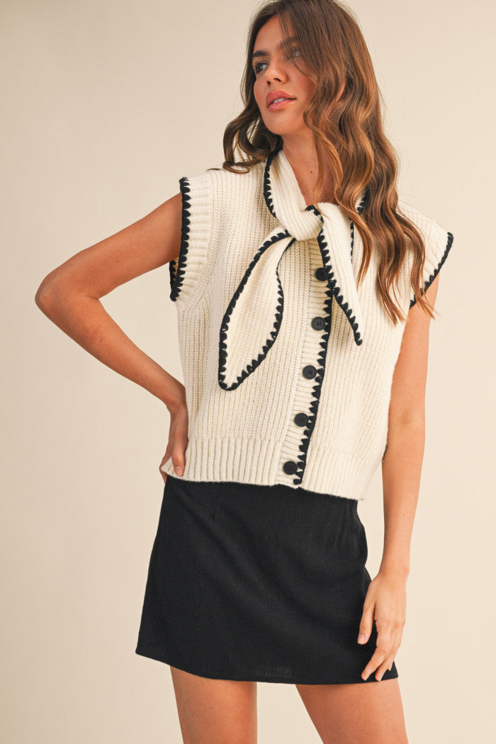 Tie Neck Sweater Vest - Ivory Black