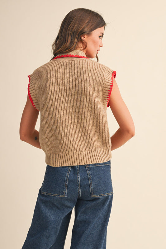 Tie Neck Sweater Vest - Mocha Red