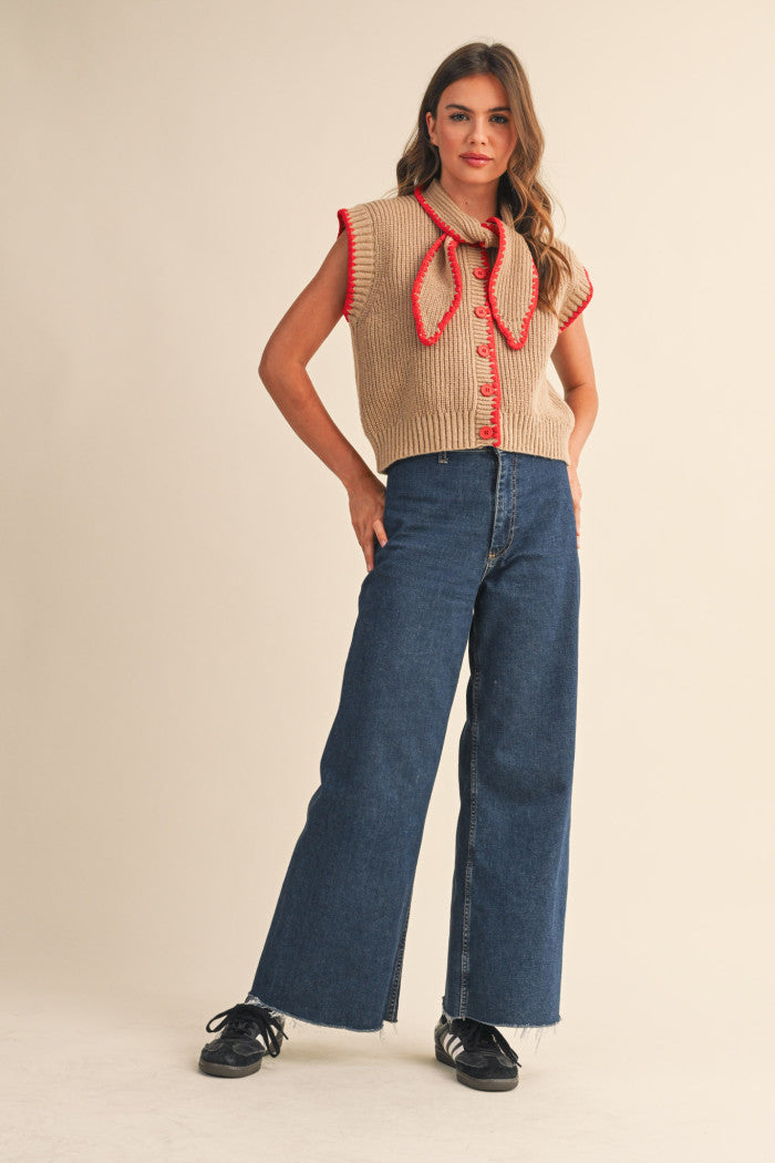 Tie Neck Sweater Vest - Mocha Red