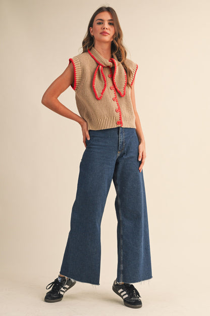 Tie Neck Sweater Vest - Mocha Red