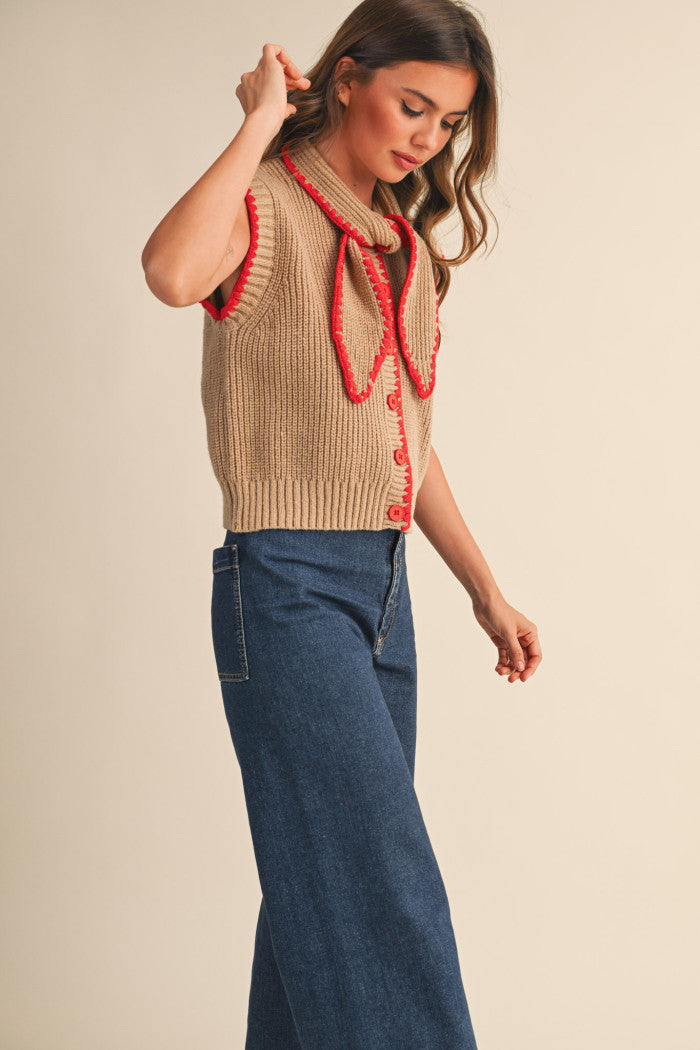 Tie Neck Sweater Vest - Mocha Red