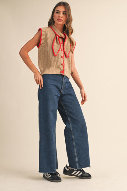 Tie Neck Sweater Vest - Mocha Red