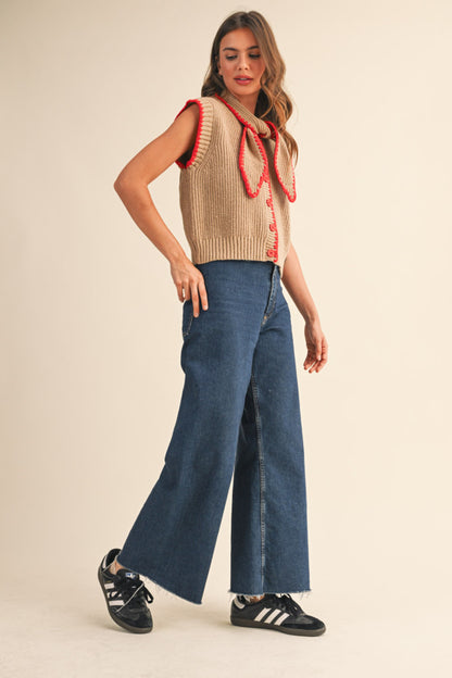 Tie Neck Sweater Vest - Mocha Red