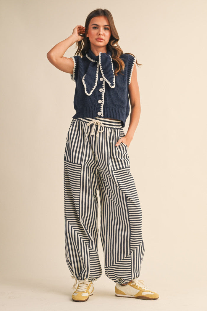 Tie Neck Sweater Vest - Navy White