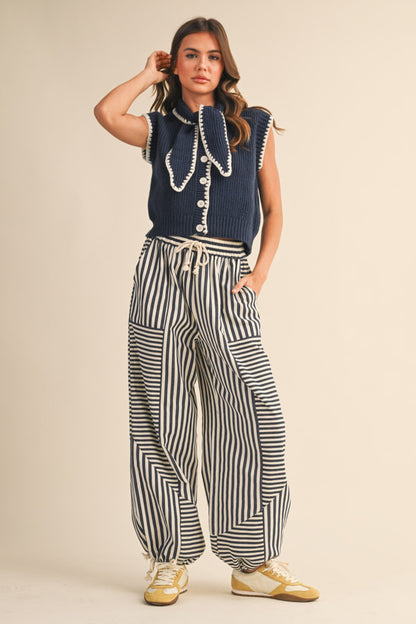 Tie Neck Sweater Vest - Navy White