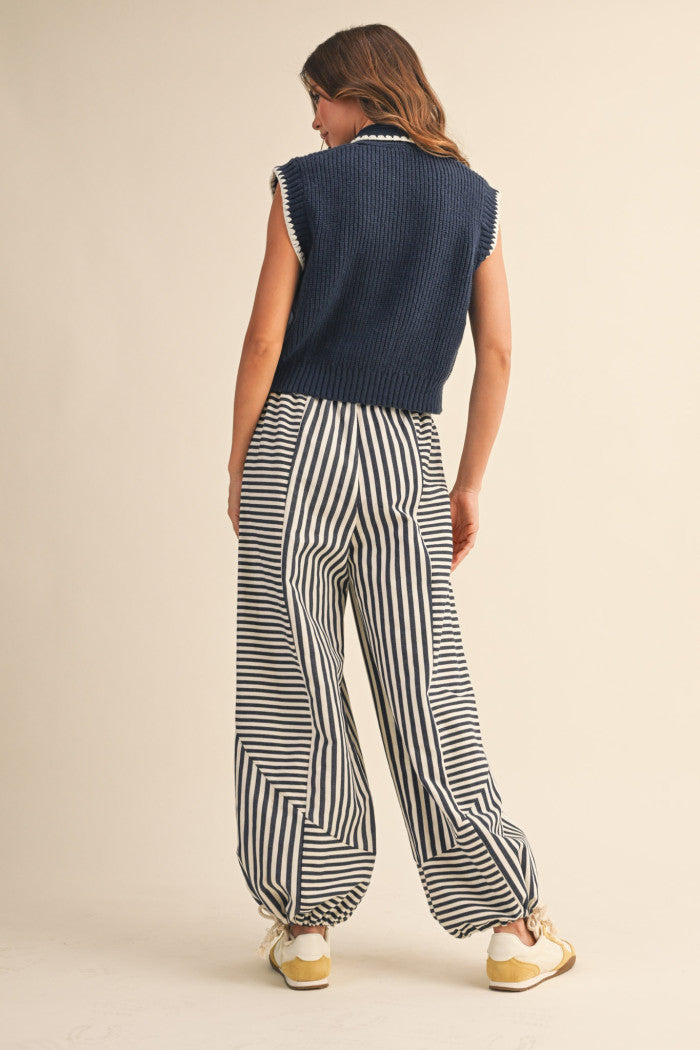 Tie Neck Sweater Vest - Navy White