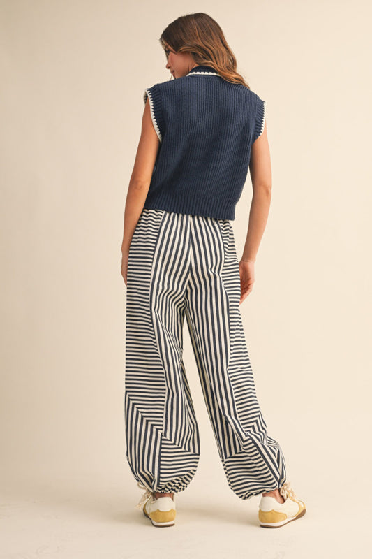 Tie Neck Sweater Vest - Navy White