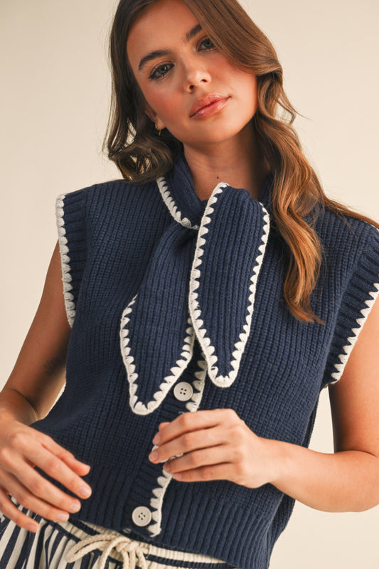 Tie Neck Sweater Vest - Navy White