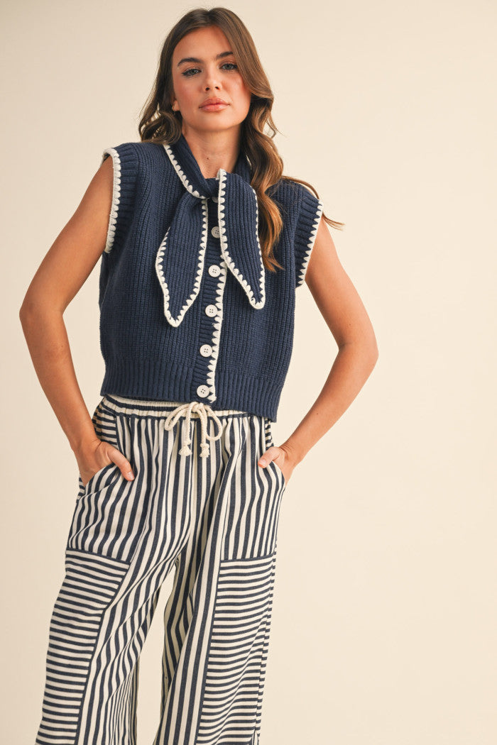 Tie Neck Sweater Vest - Navy White