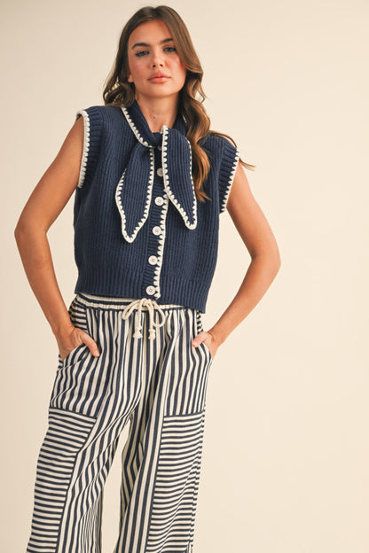 Tie Neck Sweater Vest - Navy White