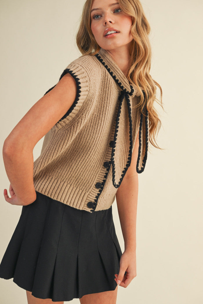 Tie Neck Sweater Vest - Taupe Black