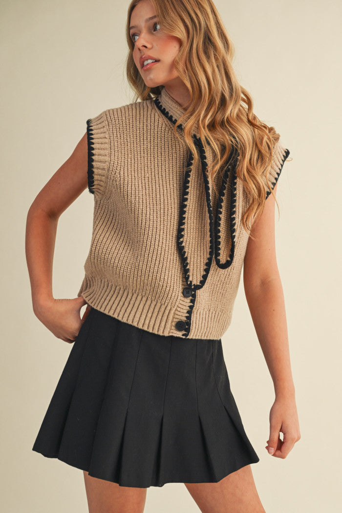 Tie Neck Sweater Vest - Taupe Black