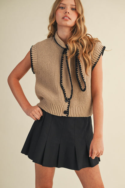 Tie Neck Sweater Vest - Taupe Black