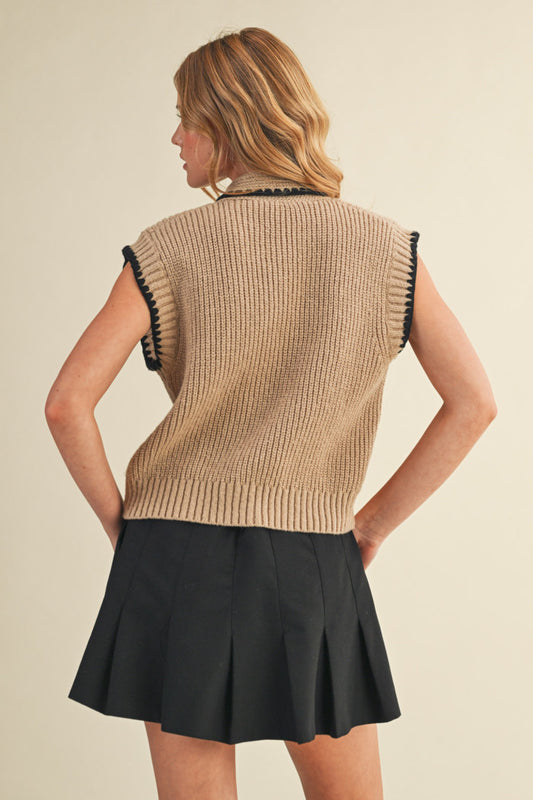 Tie Neck Sweater Vest - Taupe Black